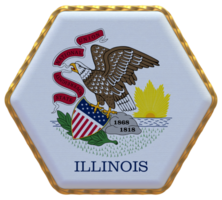 State of Illinois Flag in Hexagon Shape with Gold Border, Bump Texture, 3D Rendering png