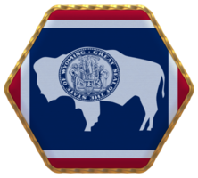 Etat de Wyoming drapeau dans hexagone forme avec or frontière, bosse texture, 3d le rendu png