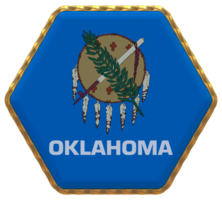 Zustand von Oklahoma Flagge im Hexagon gestalten mit Gold Grenze, stoßen Textur, 3d Rendern png