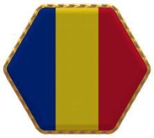 Romania Flag in Hexagon Shape with Gold Border, Bump Texture, 3D Rendering png