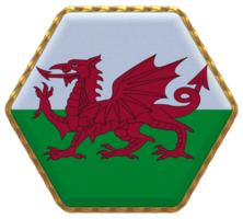 wales flagga i sexhörning form med guld gräns, stöta textur, 3d tolkning png