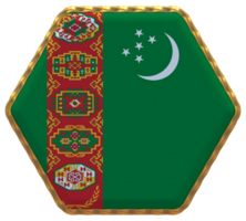 Turkmenistan Flag in Hexagon Shape with Gold Border, Bump Texture, 3D Rendering png