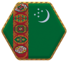Turkmenistan Flag in Hexagon Shape with Gold Border, Bump Texture, 3D Rendering png