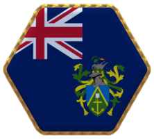 pitcairn eilanden vlag in zeshoek vorm met goud grens, buil textuur, 3d renderen png