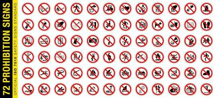 Full set of 72 isolated prohibition symbols on red crossed out circle board warning sign. Official ISO 7010 safety signs standard. vector