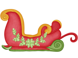 Santa Christmas sleigh. Red empty vintage winter cart with golden runners png