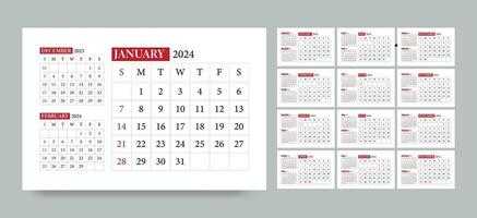 Calendar design for 2024 year, Monthly calendar template,  calendar 2024 week start Sunday, Planner for 2024 year. vector