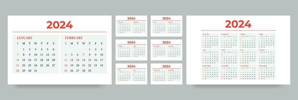 escritorio calendario 2024, calendario diseño para 2024 año, mensual calendario plantilla, calendario 2024 semana comienzo domingo, planificador para 2024 año. vector