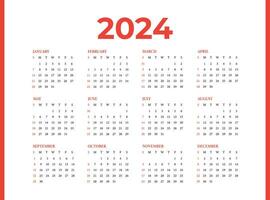 Calendar design for 2024 year, Monthly calendar template, Calendar 2024 template vector, calendar 2024 week start Sunday, Planner for 2024 year. vector