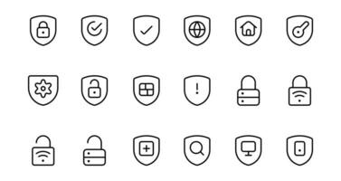 Security icons set. Cyber lock, unlock, password. Guard, shield, home security system icons. Eye access, electronic check, firewall. Internet protection, laptop password. Vector Linear set. ui