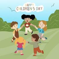 happy children's day. several children with different skin colors were playing together and holding hands vector