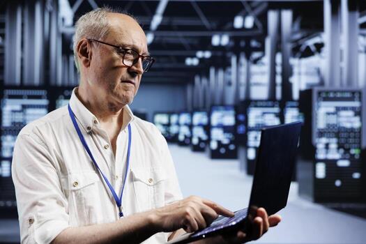 Senior IT developer inspects supercomputers in data center, ensuring smooth performance. Capable programmer in server farm monitoring energy consumption across units components using laptop photo
