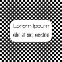 Black and white checkerboard background with text frame, square grid pattern, flat vector illustration.