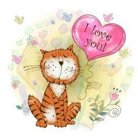 A Valentine's Day card. Cute cat with a balloon in the form of a watercolor heart.  Watercolor background. Vector. vector