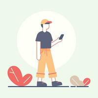 abstract modern young man person walking and checking smart mobile phone device in hand wearing cap, guy on phone, man shopping online on the go, looking on mobile screen, flat vector character design