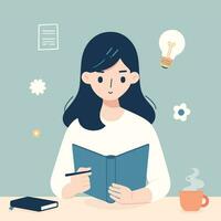 happy student reading a book and holding a pen, education concept, flat vector girl preparing for exam, illustration young female women teenage person writing daily dairy note, learning thoughts ideas