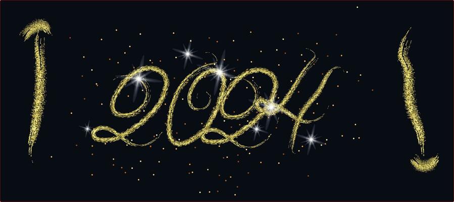 2024 Happy New Year clock countdown background. Gold glitter shining in light with sparkles abstract celebration. Greeting festive card vector illustration. Merry holiday poster or wallpaper design