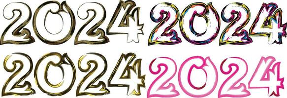 2024 Happy New Year greeting card vector illustration. 2024 golden numbers with gold falling confetti decoration and glow light effect, festive sparkle of tinsel texture in holiday design background.