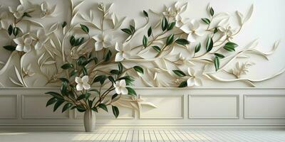 AI generated White Geometric Floral Leaf 3D Tile Texture Wall Background Illustration Banner Panorama photo