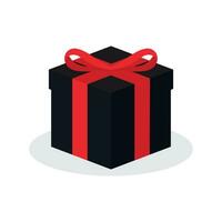 black gift present box with red ribbon wrap and white background vector icon logo illustration