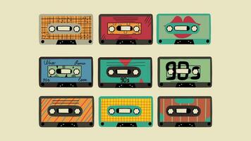 Set of retro design audio cassettes. Collection of elements 1990s, 1980s. Vintage stickers, icons. Vector illustration in flat style