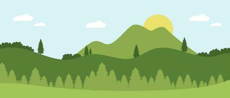 natural landscape background and sun over hills with clouds and pine trees vector