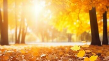 Beautiful blur autumn landscape with falling leaves natural background, colorful foliage maple in park, AI Generated photo