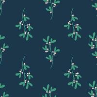 Simple seamless pattern with mistletoe. Christmas floral on blue background. Vector texture
