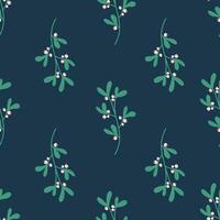 Simple seamless pattern with mistletoe. Christmas floral on blue background. Vector texture