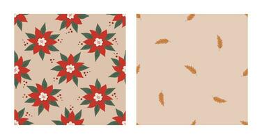 Seamless pattern set with bold red poinsettia and golden leaves. Christmas and New Year concept. Hand drawn vector texture for wallpaper, prints, wrapping, textile