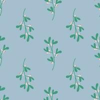 Simple seamless pattern with mistletoe. Christmas floral on blue background. Vector texture