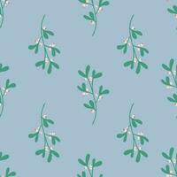 Simple seamless pattern with mistletoe. Christmas floral on blue background. Vector texture