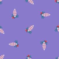 Simple seamless pattern with violet conifer corn and red berries. Winter season and Christmas concept. Hand drawn vector texture for wallpaper, prints, wrapping, textile