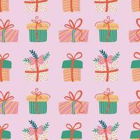 Christmas gifts seamless pattern. Festive trendy decorative pink gift boxes. Hand drawn modern vector texture