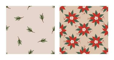 Seamless pattern set with bold red poinsettia and fir twig. Christmas and New Year concept. Hand drawn vector texture for wallpaper, prints, wrapping, textile