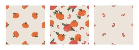 Vector seamless pattern set with tangerine, fir twig on beige background. Merry Christmas and New Year symbol texture. Hand drawn festive design for textile, wrapping, prints, wallpaper