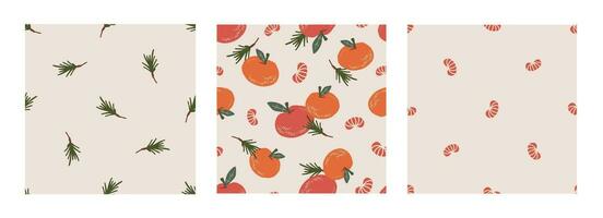 Vector seamless pattern set with tangerine, fir twig on beige background. Merry Christmas and New Year symbol texture. Hand drawn festive design for textile, wrapping, prints, wallpaper