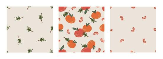 Vector seamless pattern set with tangerine, fir twig on beige background. Merry Christmas and New Year symbol texture. Hand drawn festive design for textile, wrapping, prints, wallpaper