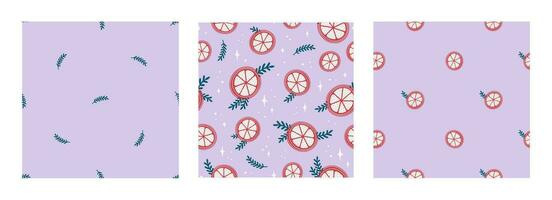 Vector seamless pattern set with orange slices, branches, sparkles on lilac background. Merry Christmas and New Year symbol texture. Hand drawn festive design for textile, wrapping, prints, wallpaper