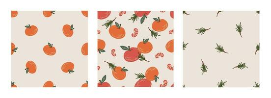 Vector seamless pattern set with tangerine, fir twig on beige background. Merry Christmas and New Year symbol texture. Hand drawn festive design for textile, wrapping, prints, wallpaper