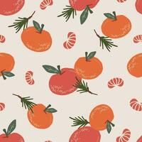 Vector seamless pattern with tangerine, fir twig. Merry Christmas and New Year symbol texture. Hand drawn festive design for textile, wrapping, prints, wallpaper