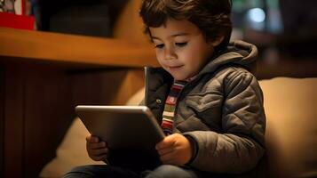 AI generated Little kid playing or watching something on digital tablet gadget and laughing. photo