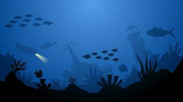 marina vector ilustración. paisaje de hundido faro y naufragio a el fondo de el mar. submarino panorama para ilustración, antecedentes o fondo de pantalla