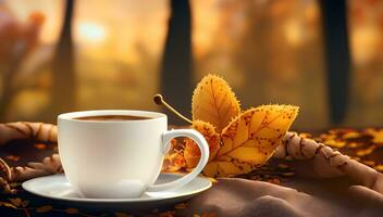 AI generated Autumn background with a cup of coffee. photo