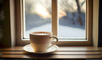 AI generated Winter background with a cup of coffee. photo