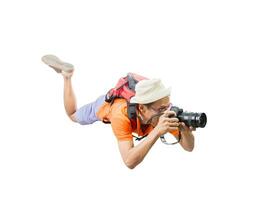 portrait face of young man take a photography by dslr camera floating mid air isolated white background photo