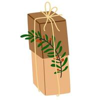 Christmas gift box in kraft paper, holiday wrapping. Holiday Present decorated with berry branch, tag, wrapped in eco recycled craft. Flat vector illustration isolated on white background
