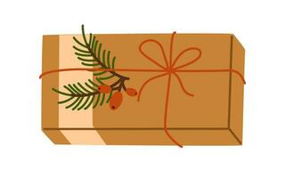 Christmas gift box in kraft paper, holiday wrapping. Present decorated with berry branch, tag, wrapped in eco recycled craft. Flat vector illustration isolated on white background