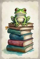 AI generated illustration of a cute frog sitting on a pile of books photo