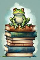 AI generated Illustration of a green frog sitting on a pile of books photo